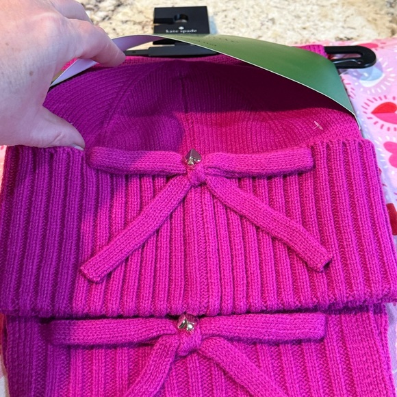 NEW kate spade new york Jeweled Bow Knit Beanie & Scarf Set In Marker Pink - Picture 7 of 9